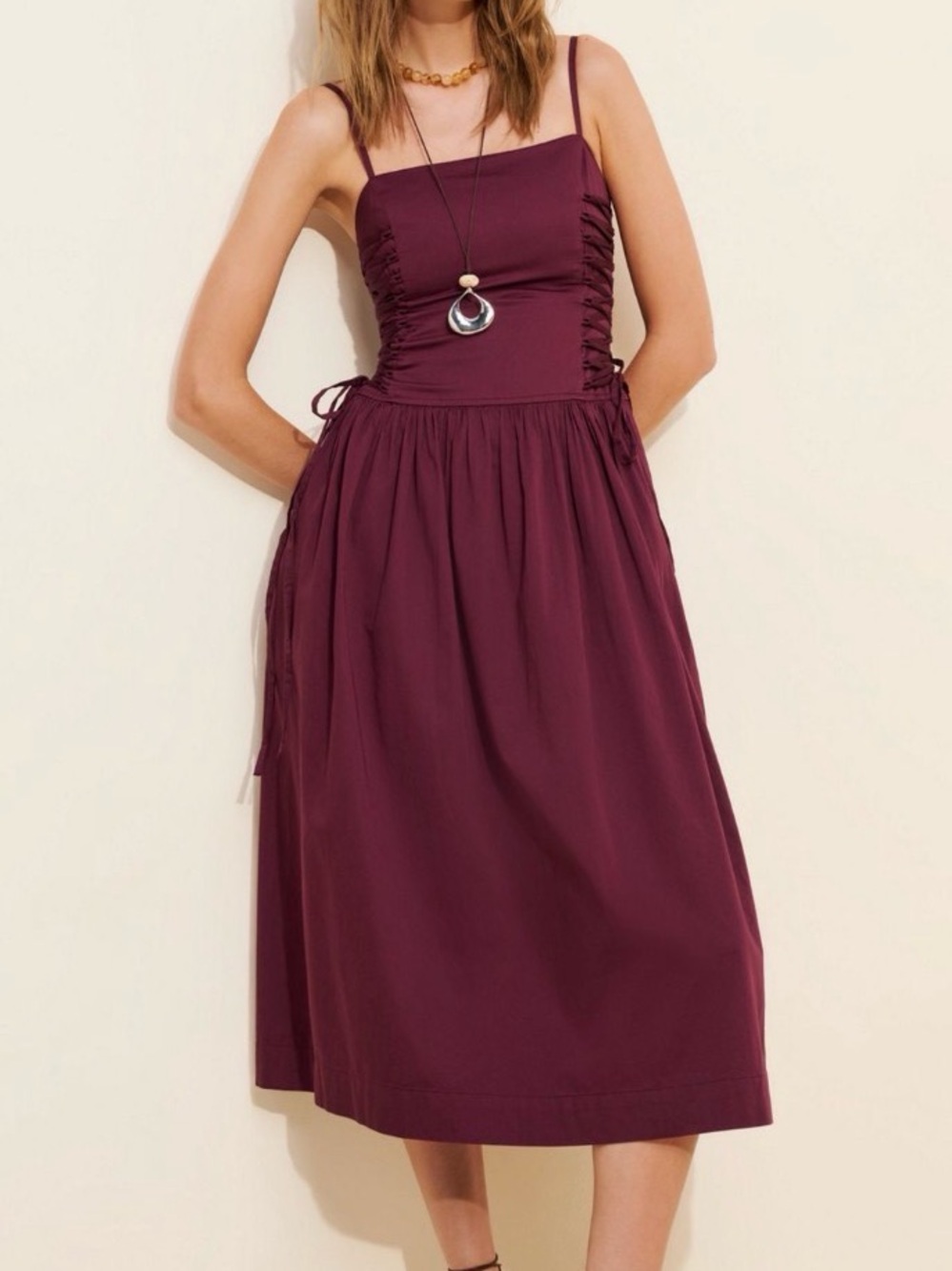 Adjustable Spaghetti-Strap Midi Dress in Burgundy corset sides
